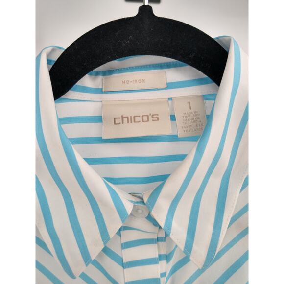 Chico's Shirt 1 M No Iron Box Striped Long Sleeve Button‎ Down Cotton Blue White - Picture 5 of 15